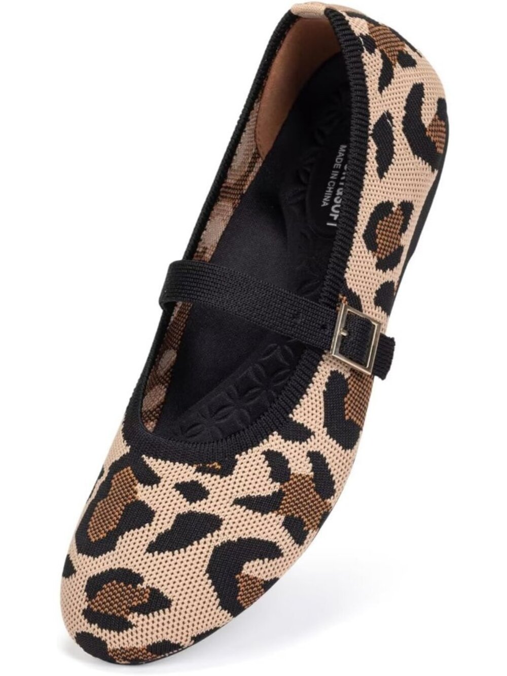 Frank Mully Women's Leopard Rubber Knitted Buckle Round Toe Comfortable Shoes